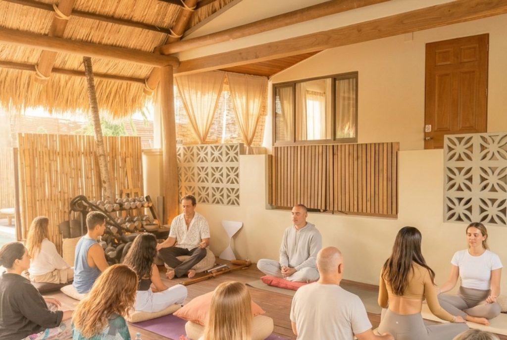 Group meditation session at SILA Miami's jungle-inspired third space wellness community in Upper Buena Vista, FL
